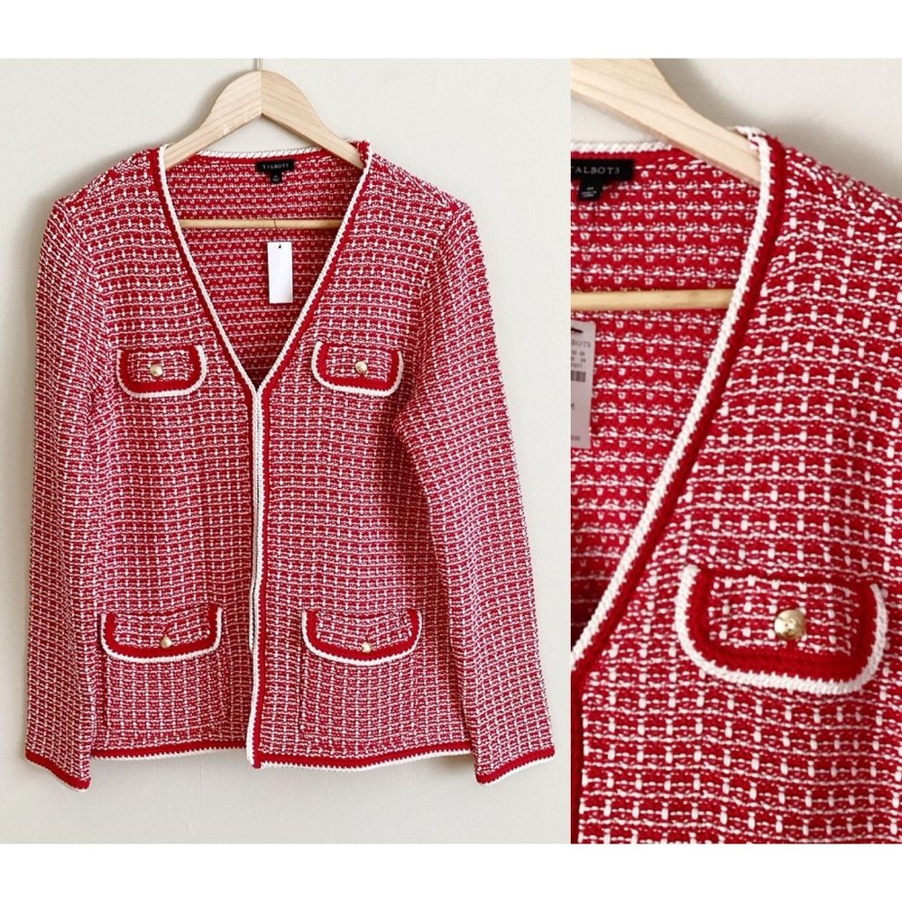 Talbots Red White Cardigan Jacket Gold Buttons NEW